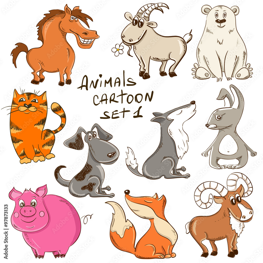 Set Of Cartoon Wild And Domestic Animals.