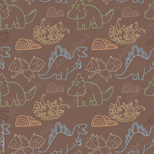 Fototapeta Naklejka Na Ścianę i Meble -  Adorable dinosaurs. Seamless pattern for wallpapers, pattern fills, web page backgrounds,surface textures, scrapbook pages