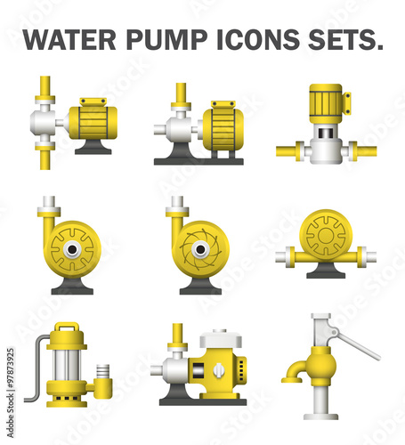 Water pump vector icon i.e. centrifugal, rotary, submersible and well pump. Powered by electric motor, engine and hand. For industrial i.e. irrigation, plumbing, water cooling water treatment.