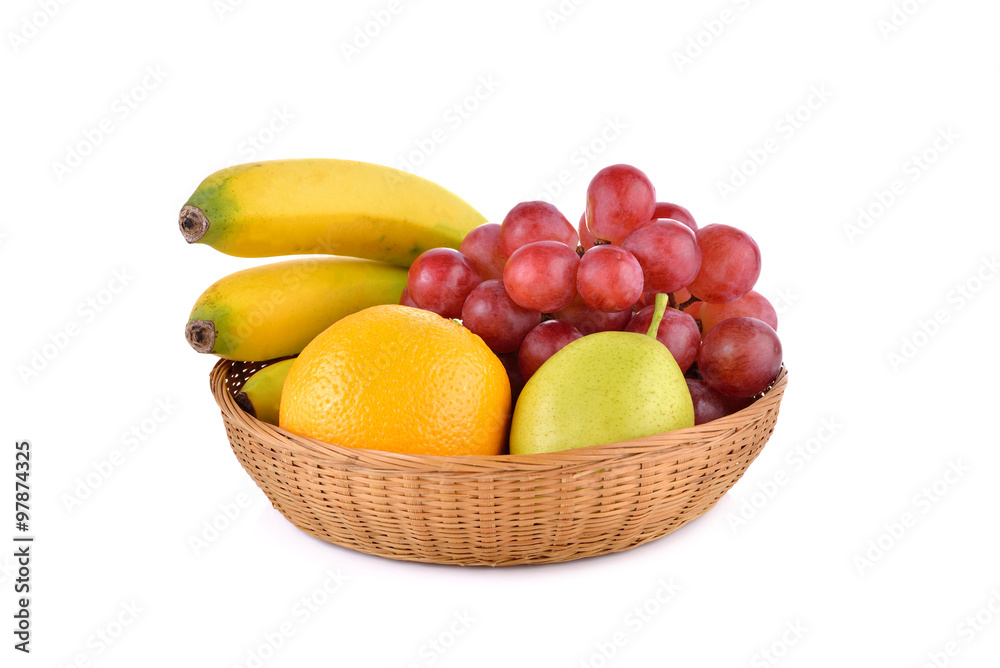 mixed fruit, banana, orange, pear, grape in basket on white back mixed fruit, banana, orange, pear, grape in basket on white back