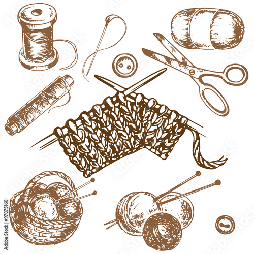 hand drawn set sewing and knitting