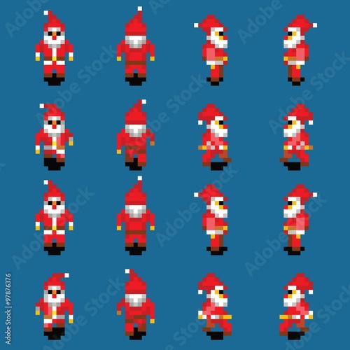 Santa Claus walk animation, four directions, retro video game pixel style