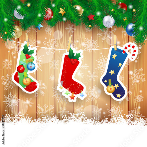 Christmas stocking on wooden background