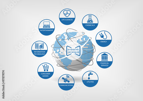 Digital business models for global economy. Vector icons for different industries like life sciences, consumer good, telecommunications, energy and financial services