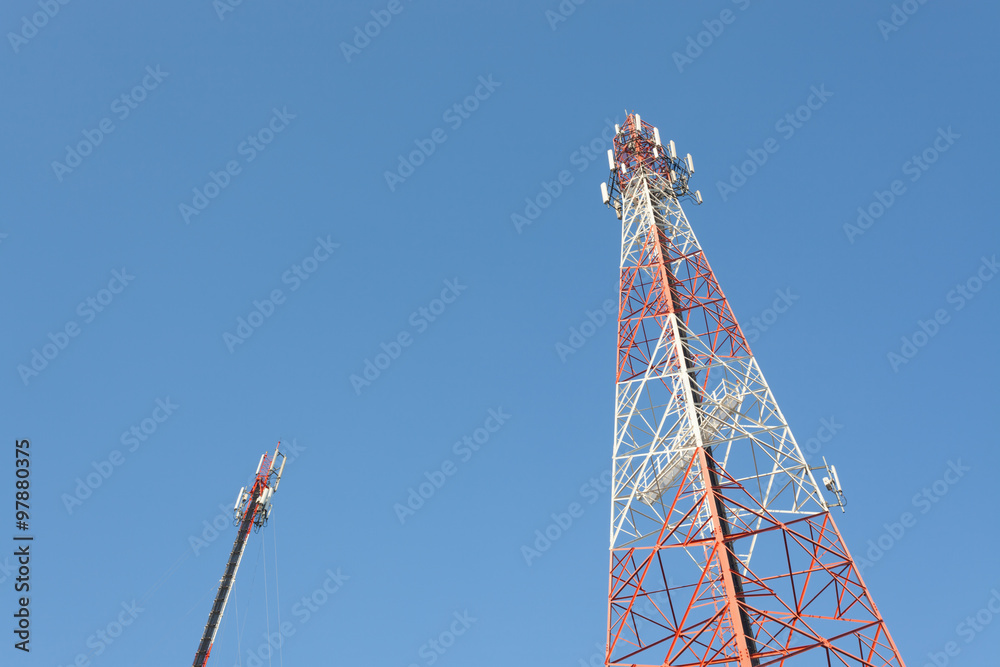 Communications tower with a blue sky