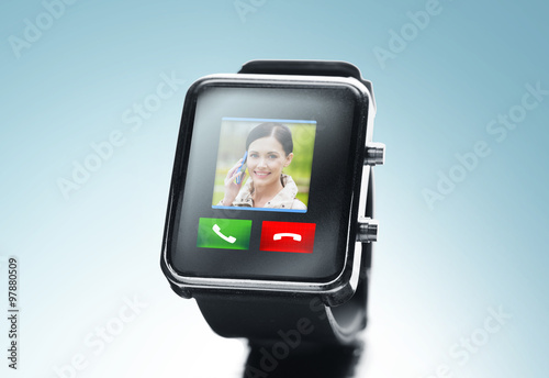 close up of black smart watch with video call icon