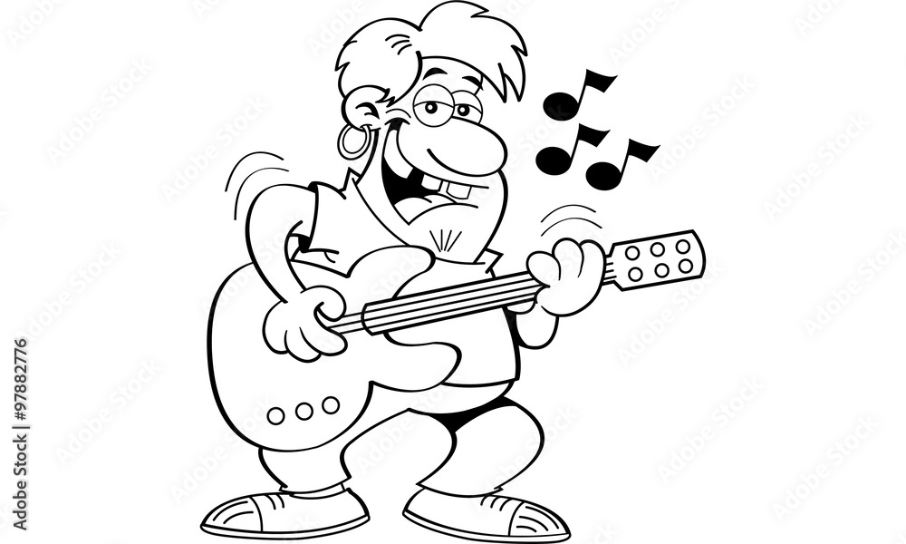 Black and white illustration of a man playing a guitar.
