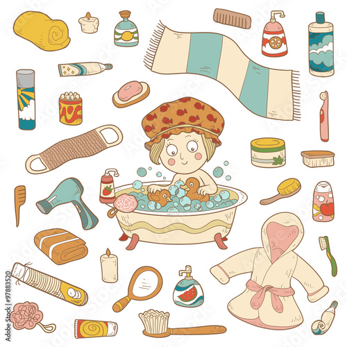 Set of vector cartoon bathroom elements and personal hygiene ite