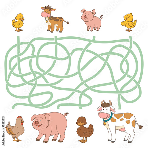 Maze game (farm animals - cow, pig, chicken, duck) photo
