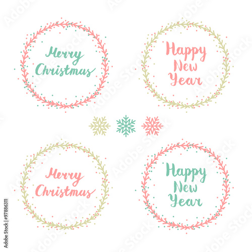 Merry Christmas and Happy New Year lettering. Set of hand drawn wreath with lettering inside. Winter decoration elements for design greeting cards, invitations and more.