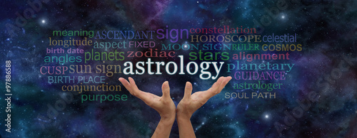Astrology Website Header - deep space dark blue background with a pair of female hands reaching up to the word ASTROLOGY surrounded by a word cloud