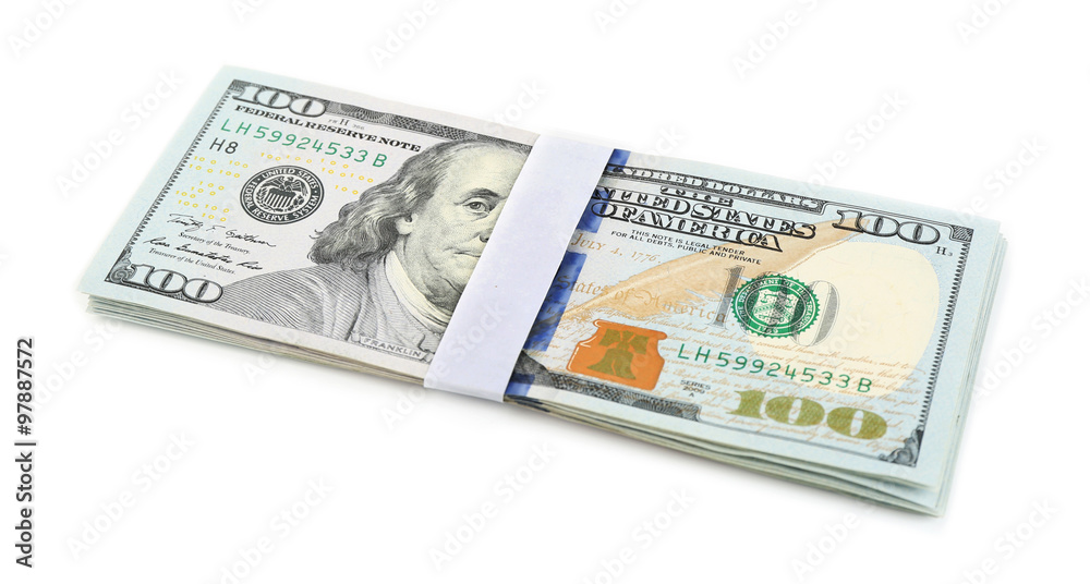 Hundred dollar bills, isolated on white Hundred dollar bills, isolated on white