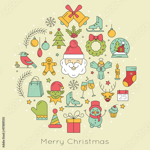 Design element for postcard, invitation or banner with different Christmas symbols made in line style vector