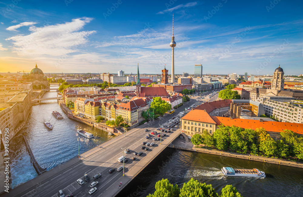 Berlin skyline panorama with Spree river at sunset, Germany