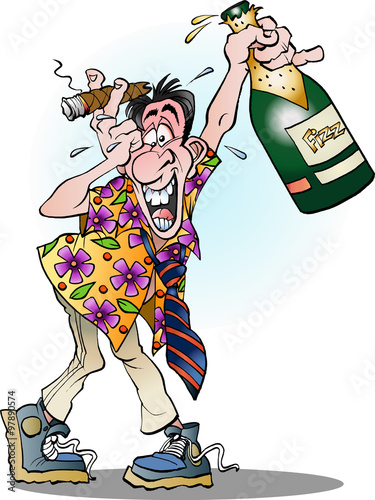 Vector cartoon illustration of a man celebrating crazy