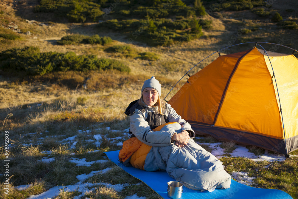 Fototapeta premium Girl in a sleeping bag.