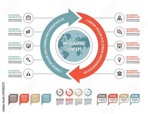 Business infographic concept - creative vector layout with icons. Globe and arrows illustration. Circles and cycle. Infographics elements.