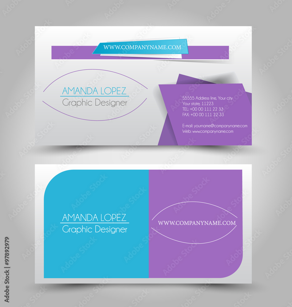 Business card design set template for company corporate style. Purple, blue and silver color. Vector illustration.