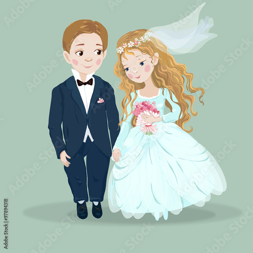 открытка приглашение на свадьбу. милые мультик персонажи мальчик и девочка