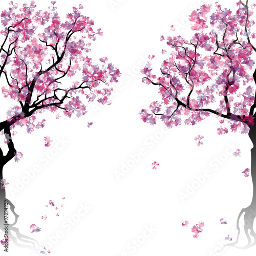 Colorful abstract blooming trees. Template with place for inscription. Spring background. Watercolor imitation. Vector, EPS 10.