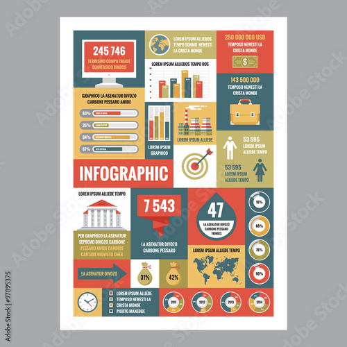 Business infographic - mosaic poster with icons in flat design style. Vector icons set. Business flat illustrations and infographics. Business infographic template. Infographics design elements.