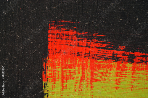 Brushstroke - black,  green and red acrylic paint  on  metal sur #97895390