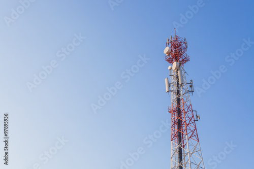 Communications tower with a blue sky