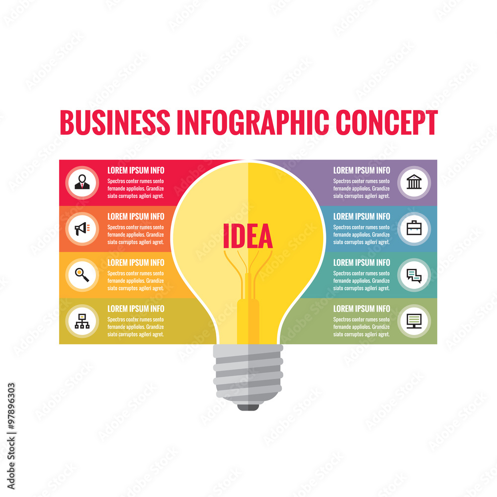 Infographic business concept - creative idea illustration - vector yellow lamp and colored stripes with icons for presentation, booklet, website etc. Infographic business concept - creative idea illustration - vector yellow lamp and colored stripes with icons for presentation, booklet, website etc.