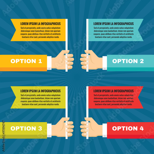 Human hands with flags - infographic blocks - vector concept illustration in flat style design for creative projects. Human hands vector collection. Infographic numbered options.