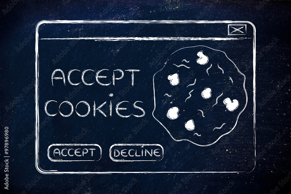 flat illustraion of a funny pop-up about browser cookies - obrazy, fototapety, plakaty 