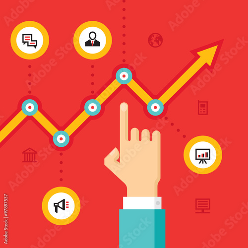 Business infographic growth - vector Illustration in flat style design for presentation, booklet, website and other creative prodject. Human hand and growth graphic illustration with icons.