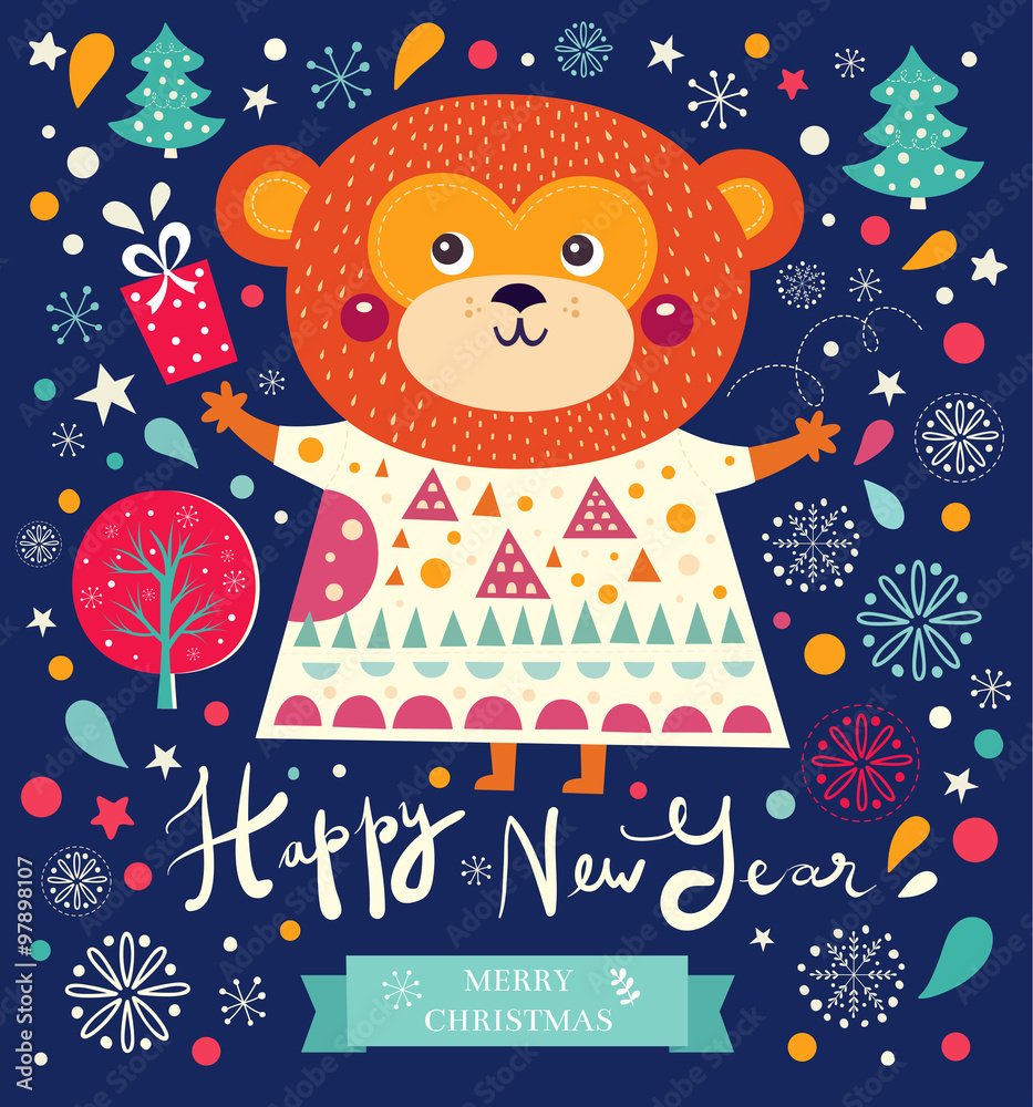Beautiful greeting card with funny monkey
