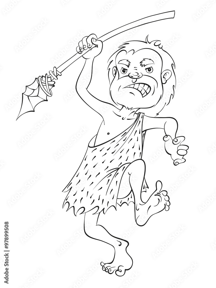 Fototapeta premium Cartoon caveman throwing a spear, Vector Illustration