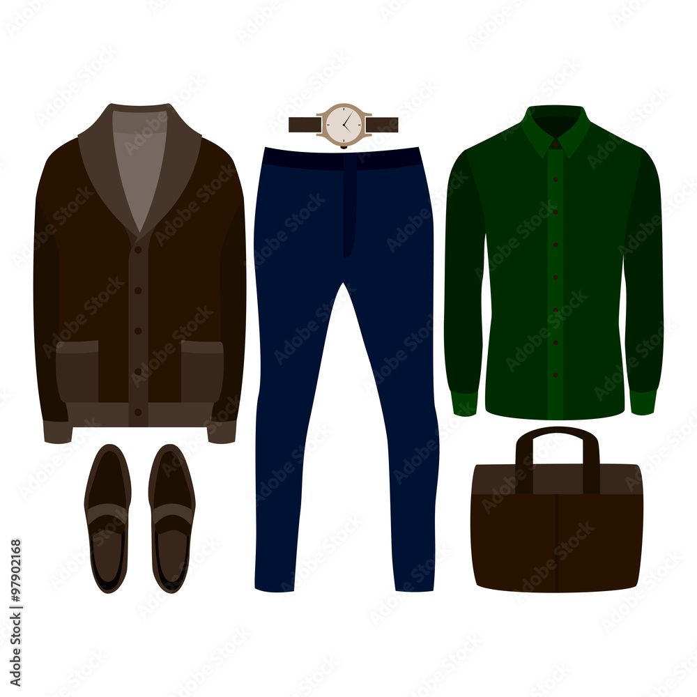 Set of  trendy men's clothes. Outfit of man cardigan, shirt, pants and accessories. Men's wardrobe. Vector illustration