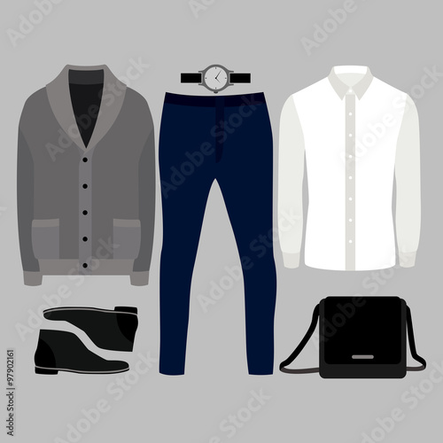 Set of  trendy men's clothes. Outfit of man cardigan, shirt, pants and accessories. Men's wardrobe. Vector illustration
