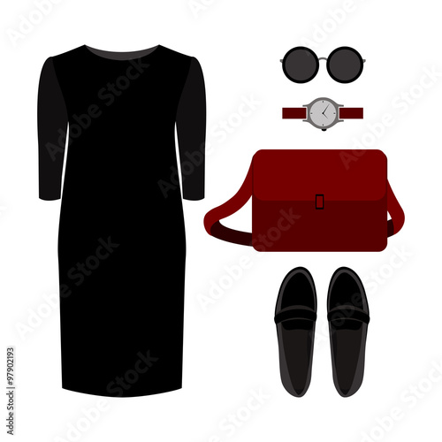 Set of trendy women's clothes. Outfit of woman dress and accessories. Women's wardrobe. Vector illustration