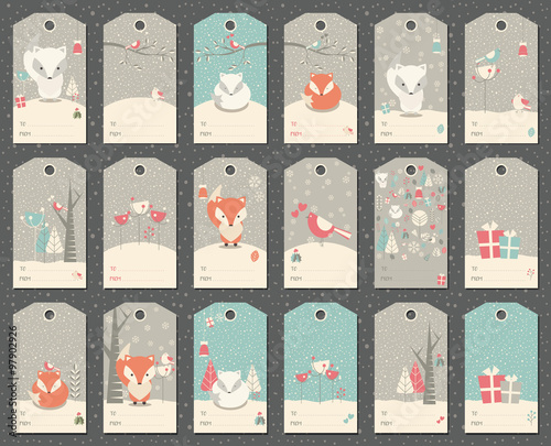Collection of 18 Christmas and New Year gift tags with foxes, bi