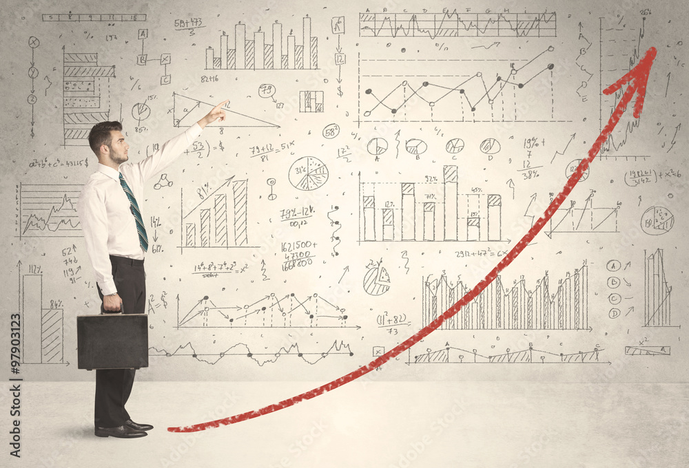 Business man climbing on red graph arrow concept Business man climbing on red graph arrow concept