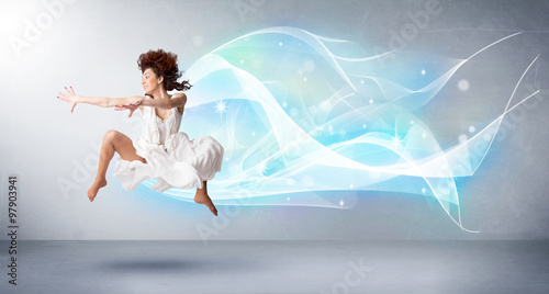 Wallpaper Mural Cute teenager jumping with abstract blue scarf around her Torontodigital.ca
