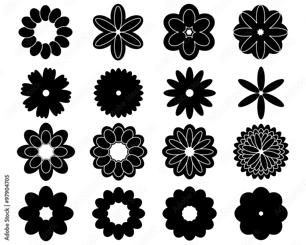 Black silhouettes of sixteen simple vector flowers