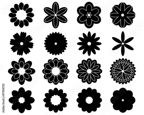Fototapeta Naklejka Na Ścianę i Meble -  Black silhouettes of sixteen simple vector flowers