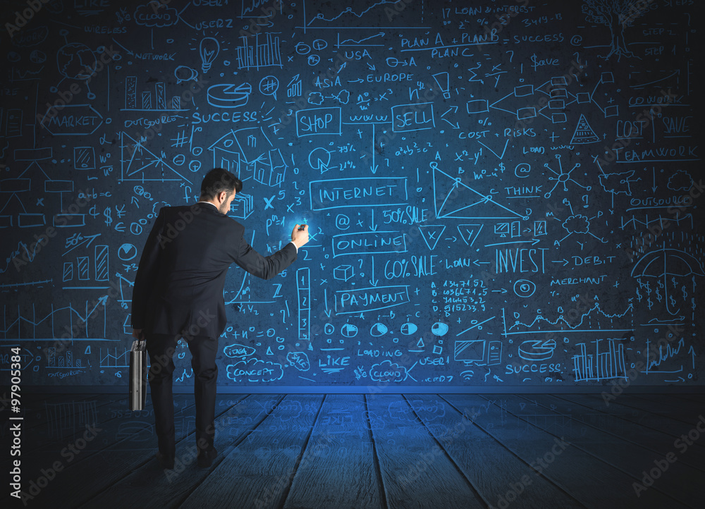 Drawing businessman with economy project background Drawing businessman with economy project background