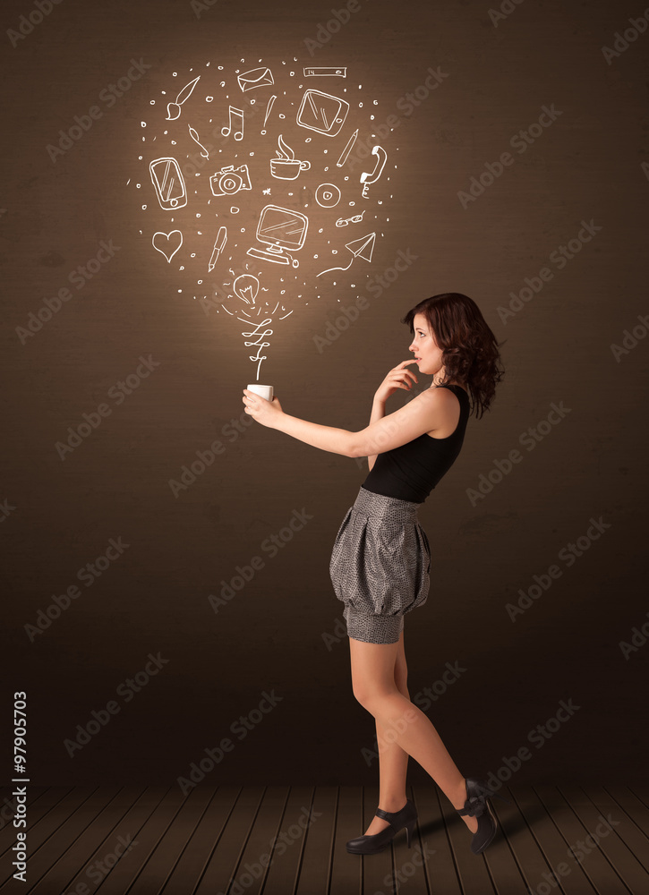 Businesswoman holding a white cup with social media icons Businesswoman holding a white cup with social media icons