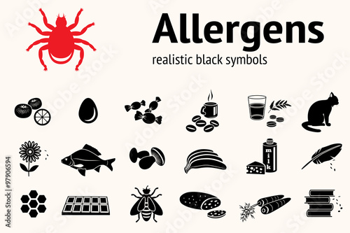 Medical allergy icon set. Food and common allergens symbols. Fish cat insect sweets mushroom dust bee fruit flower citrus hackle egg milk cheese carrot bread book. Vector