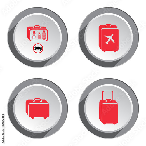 Airport baggage icon set. Hand luggage for traveling. Info symbol. Red icons on white-gray 3d button with shadow. Vector isolated