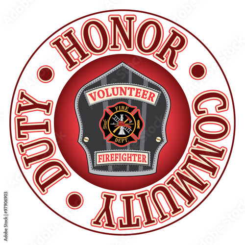 Volunteer Firefighter Duty Honor is an illustration of a firefighter’s or fireman’s badge or shield. 
Includes a Maltese cross and firefighter tools logo inside of a shield shape.