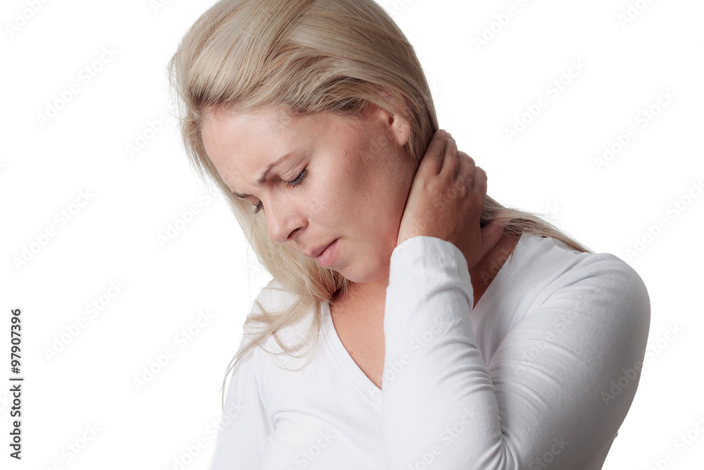 woman holding the neck isolated on white background. sore throat