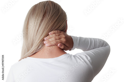 woman holding the neck isolated on white background. meningitis photo