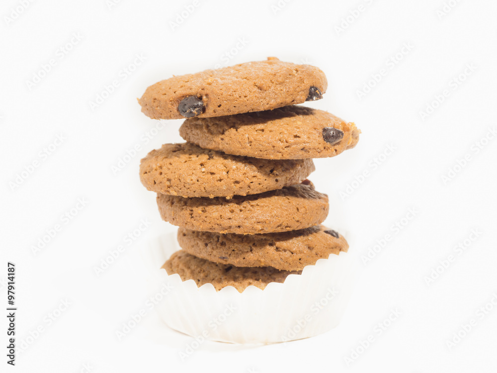 Chocolate chip cookie on white background