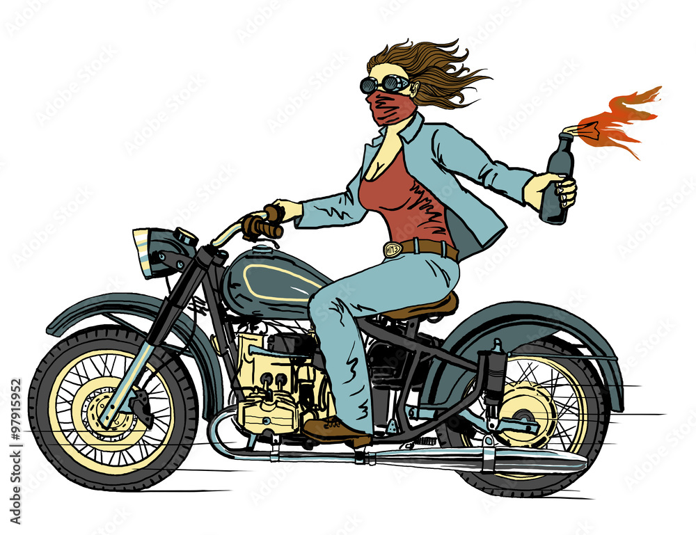 woman on a motorcycle in a blue suit with a fire on a white background woman on a motorcycle in a blue suit with a fire on a white background